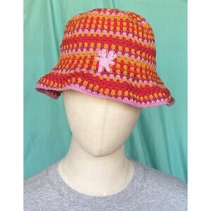 Heaven By Marc Jacobs Crochet Beanie Hat Cap 100% Cotton Pink Multi Teddy Patch